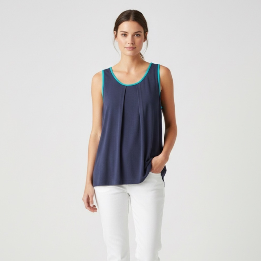 Loft Mixed Media Pleated Tank - Navy & Teal - Large NWT